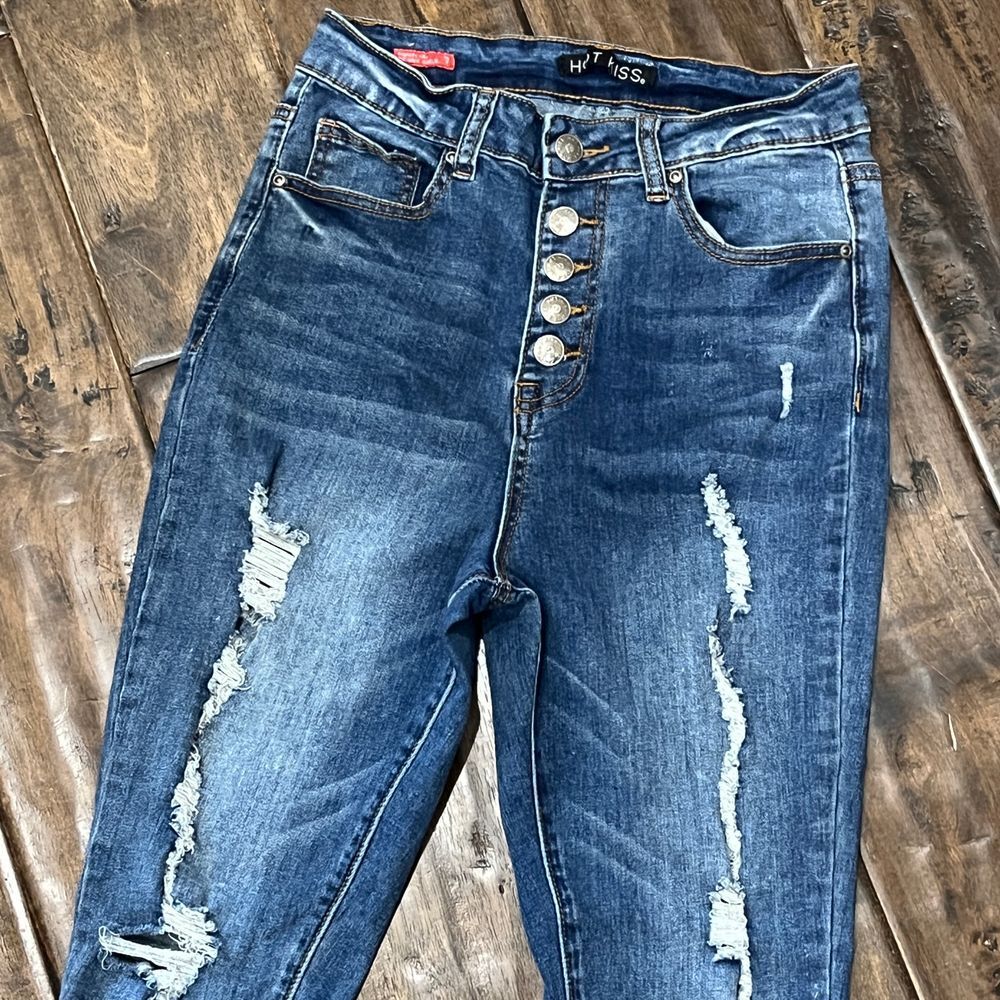 Hot Kiss High Rise Button Fly Distressed Skinny Ankle Jeans Size‎ 7 Trendy Y2K